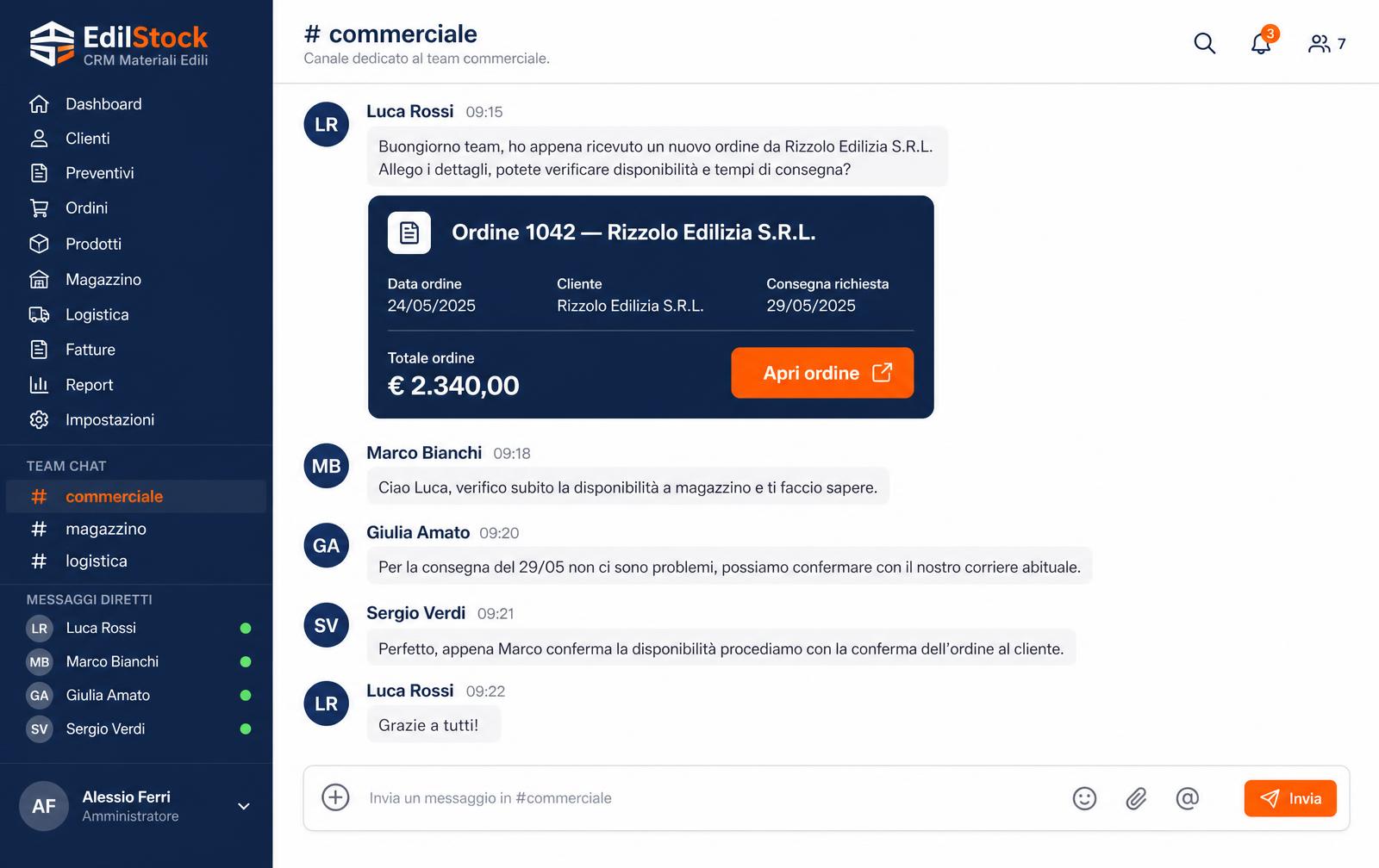Chat aziendale di ilmaga CRM con canali per reparto e scheda ordine condivisa nella conversazione